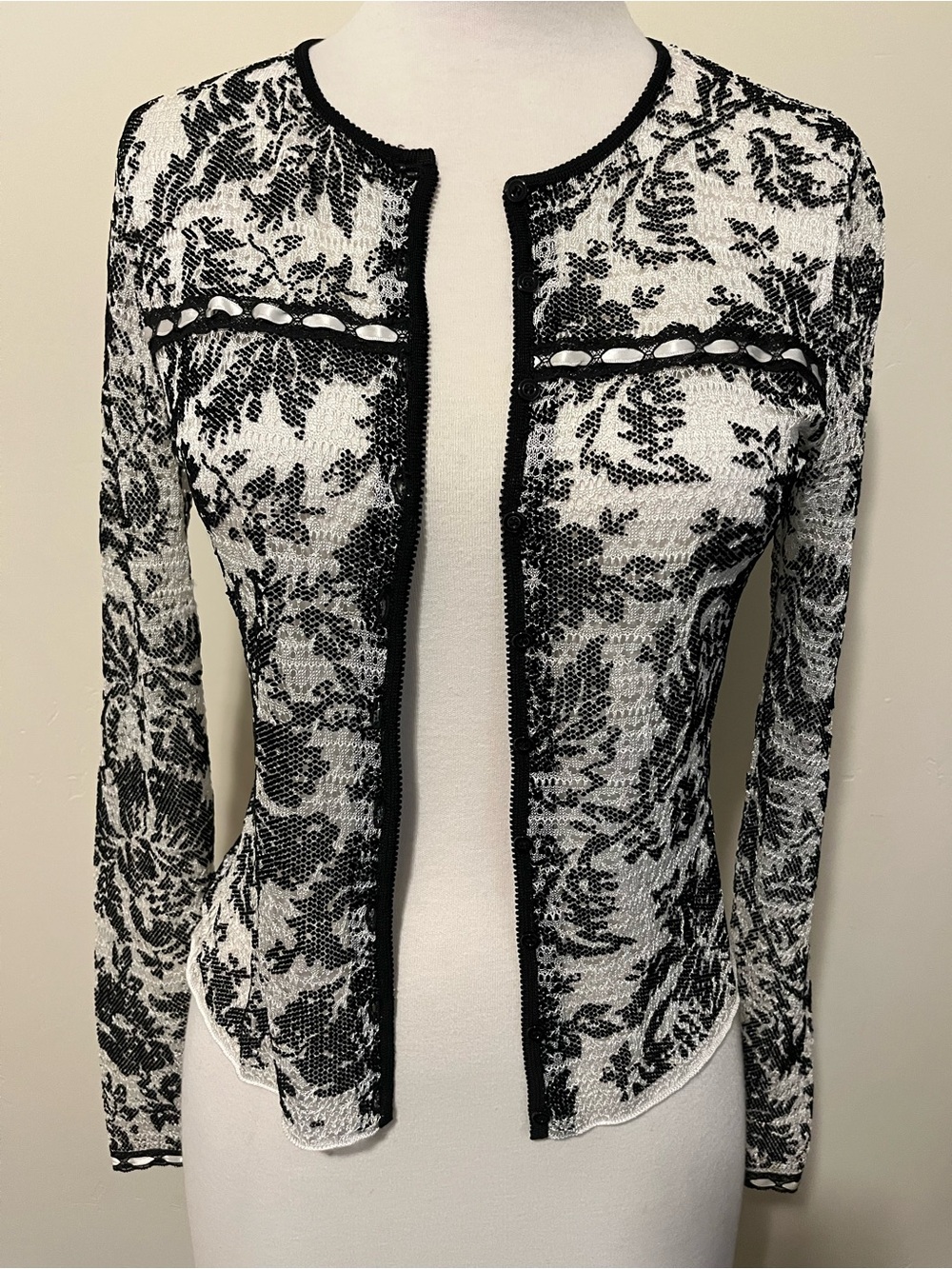John Galliano Y2K Black & White Lace-Effect Open Cardigan